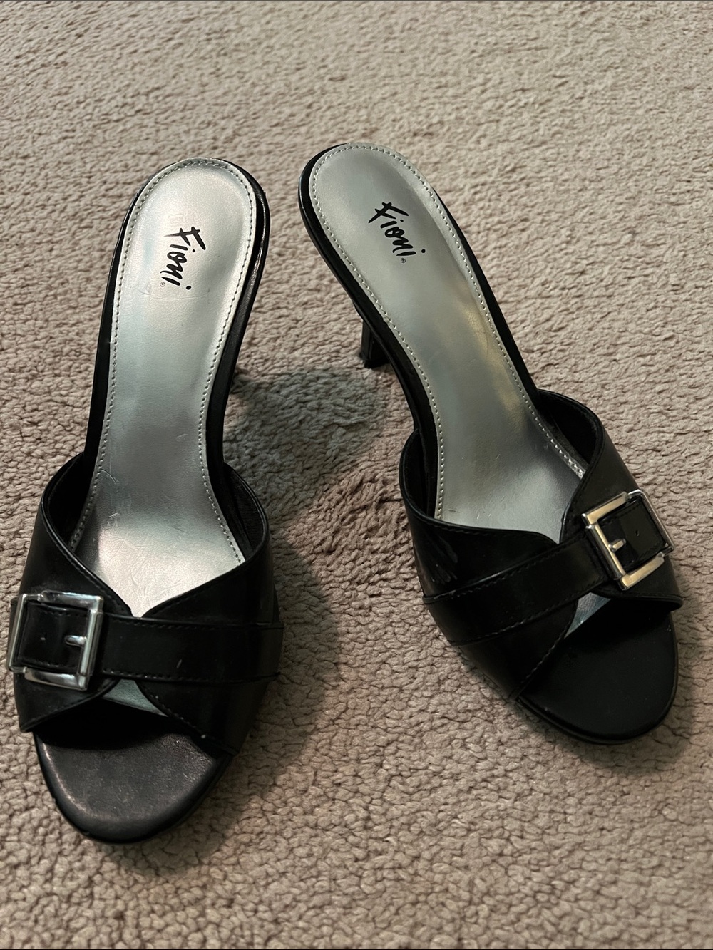 FIONI Clothing Black Buckle Open-Toe Mule Heels with Cross Straps